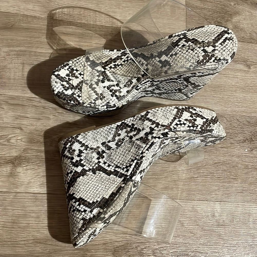 White and black new, Express wedges with clear straps.